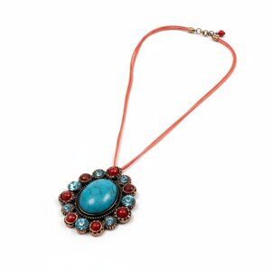 Vintage Red Lucite & Blue Crystal stud On Copper Tone Pendant Necklace